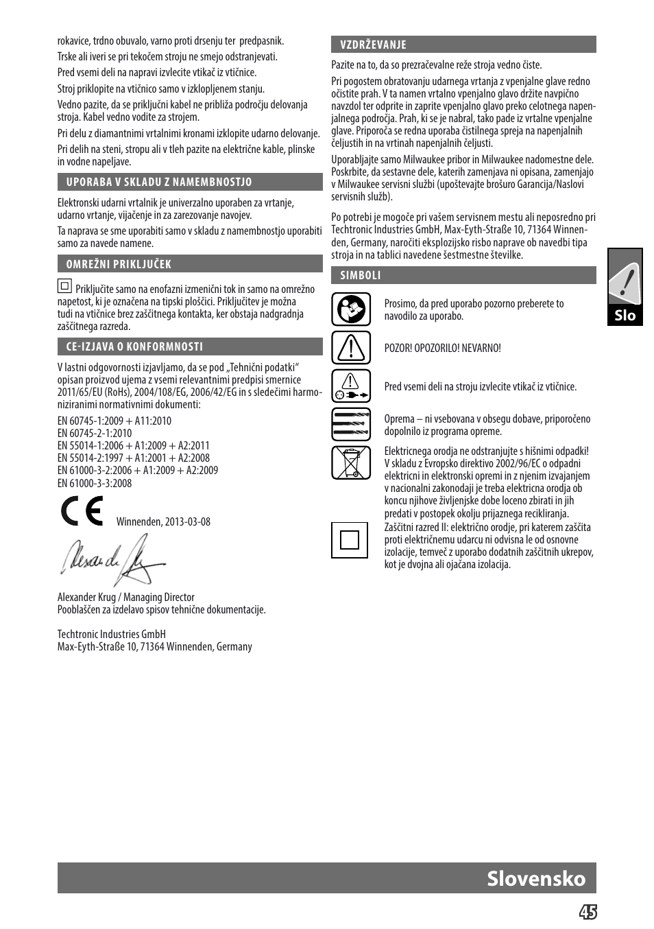 Slovensko, Gb slo | Milwaukee PD 705 User Manual | Page 47 / 66