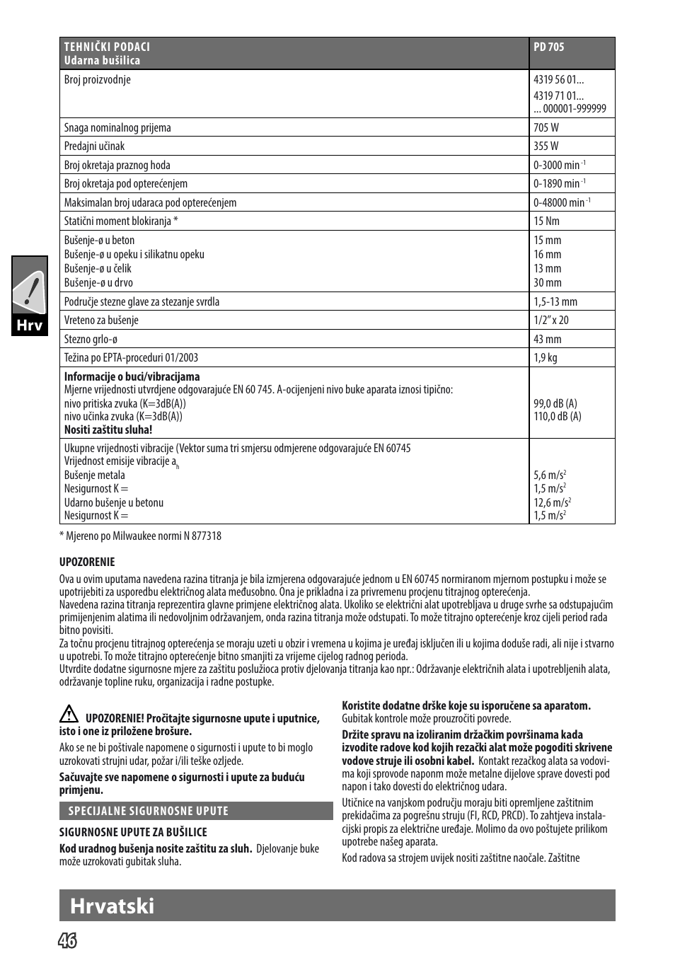 Hrvatski, Gb hrv | Milwaukee PD 705 User Manual | Page 48 / 66