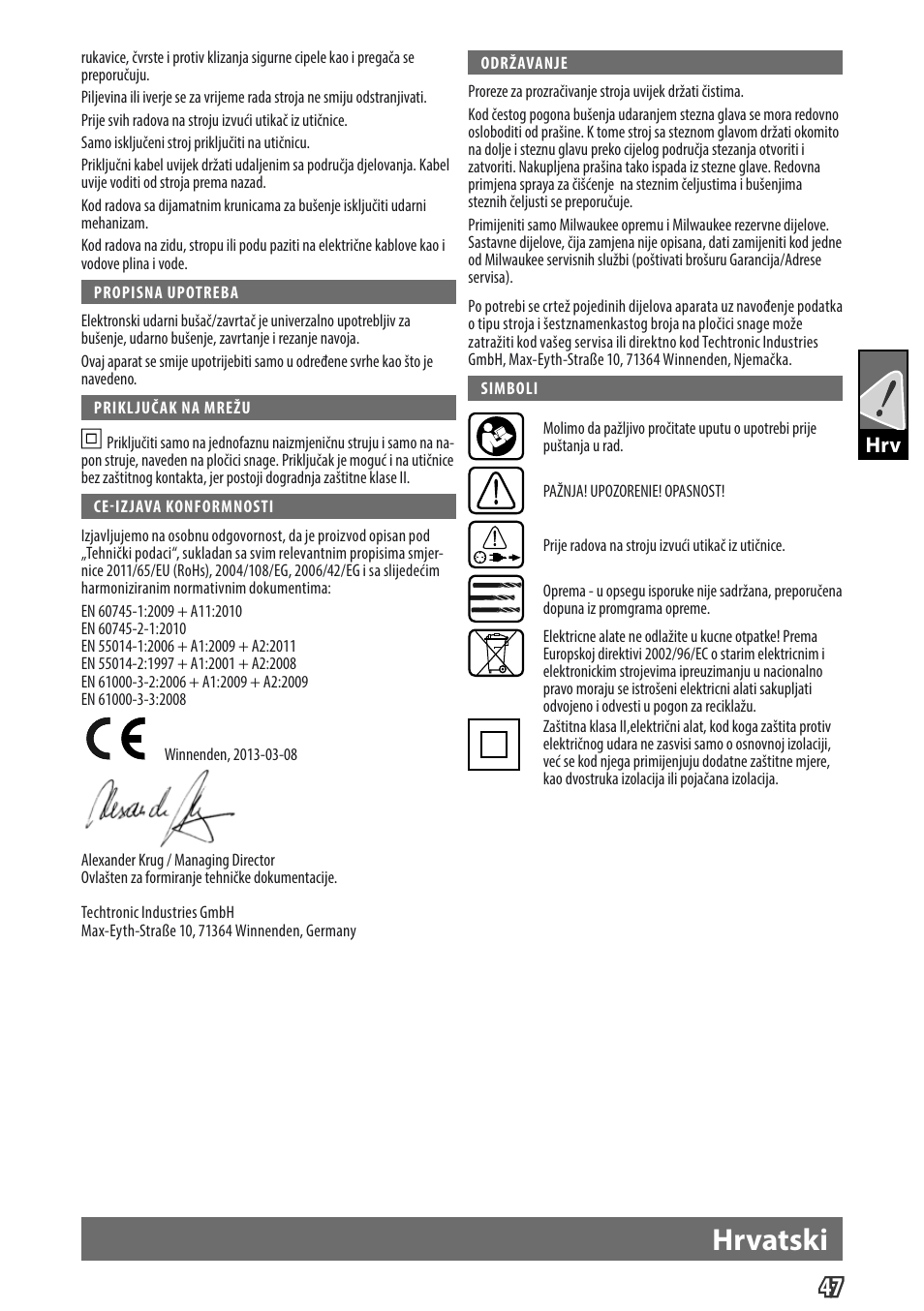 Hrvatski, Gb hrv | Milwaukee PD 705 User Manual | Page 49 / 66