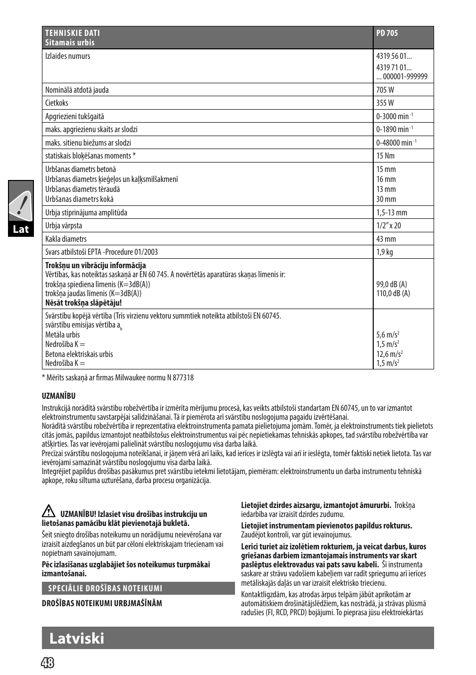 Latviski, Gb lat | Milwaukee PD 705 User Manual | Page 50 / 66