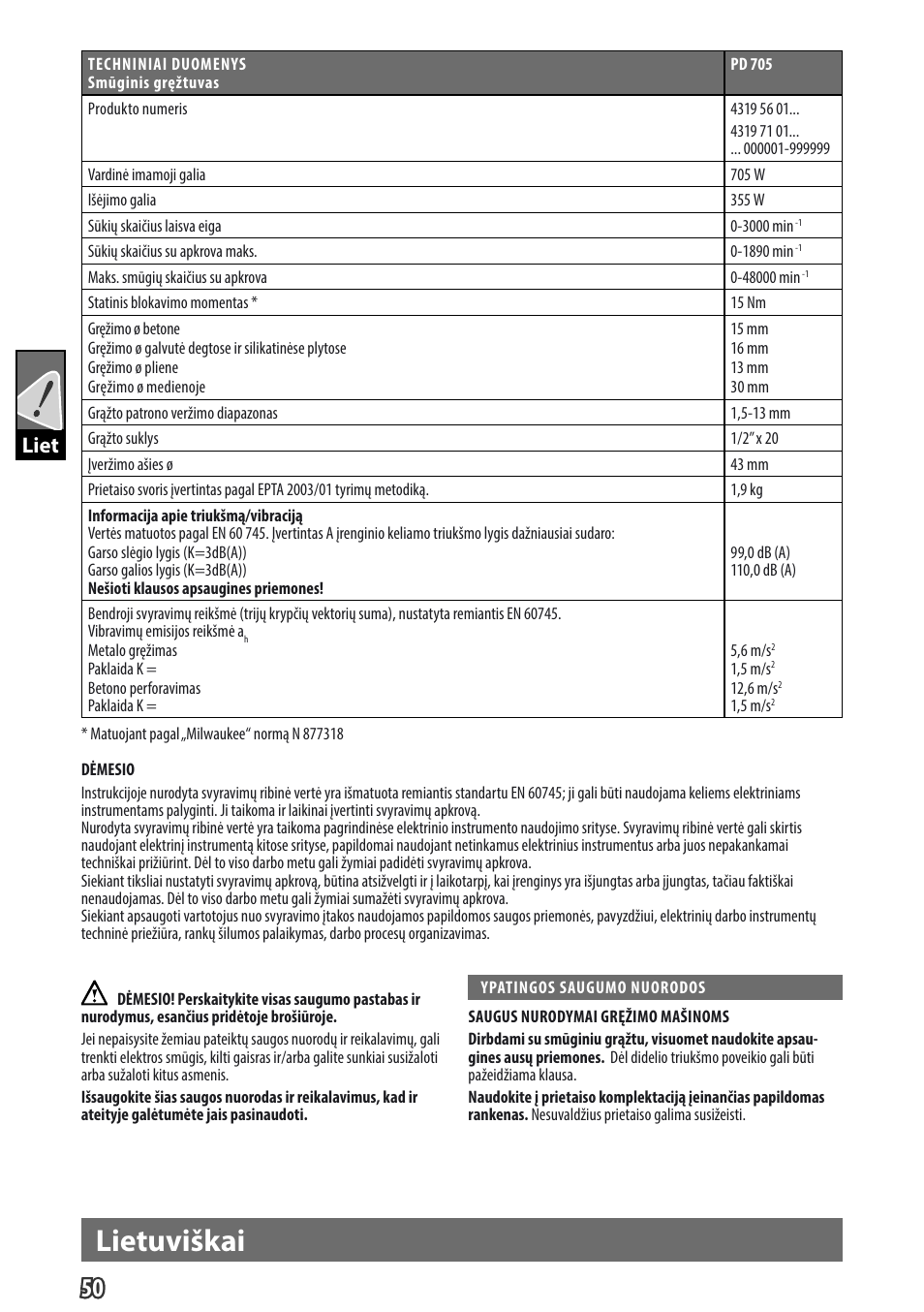 Lietuviškai, Gb liet | Milwaukee PD 705 User Manual | Page 52 / 66