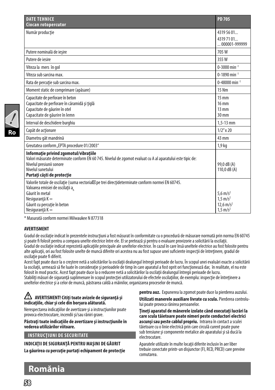 Romănia, Gb ro | Milwaukee PD 705 User Manual | Page 60 / 66