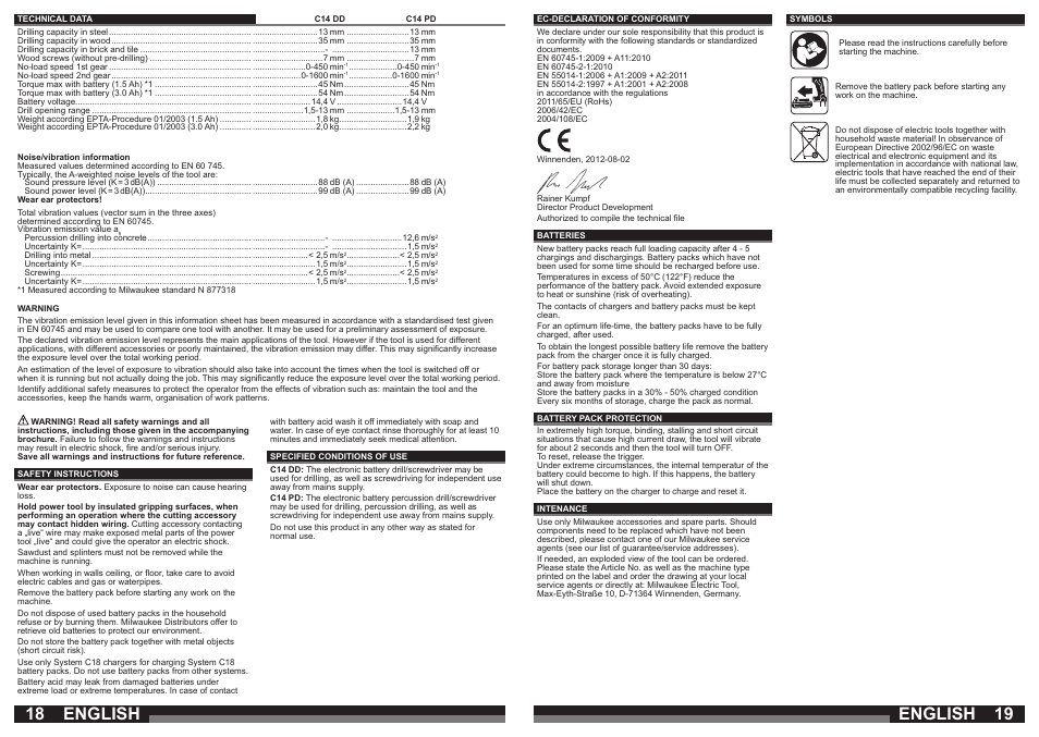 English | Milwaukee C14 PD User Manual | Page 10 / 37