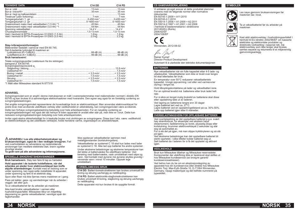 Norsk | Milwaukee C14 PD User Manual | Page 18 / 37