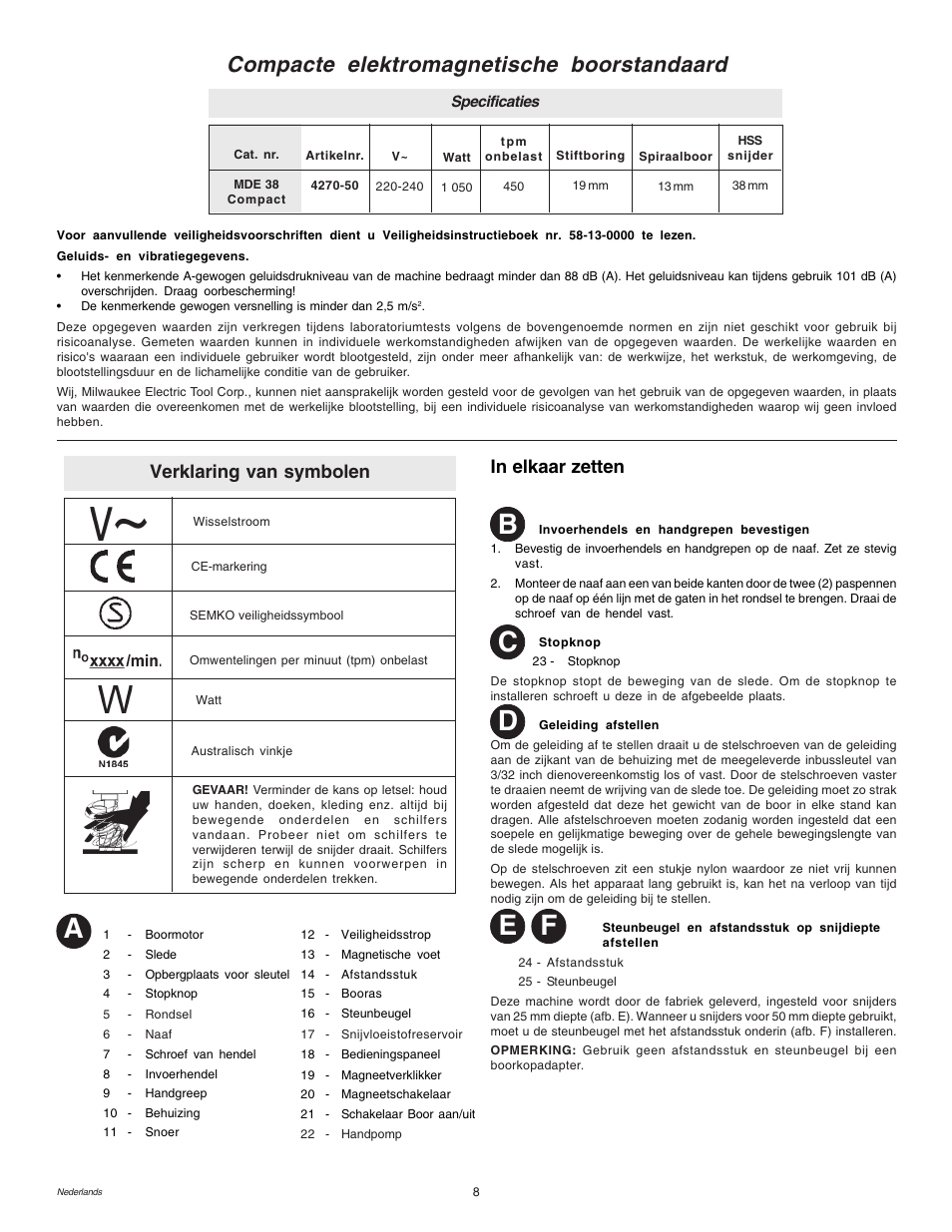 Ab d, Compacte elektromagnetische boorstandaard, Verklaring van symbolen | Milwaukee MDE 38 Compact User Manual | Page 10 / 54