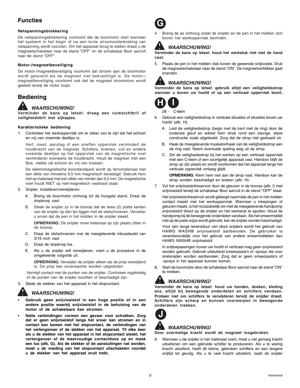 Gh j i, Functies, Bediening | Milwaukee MDE 38 Compact User Manual | Page 11 / 54