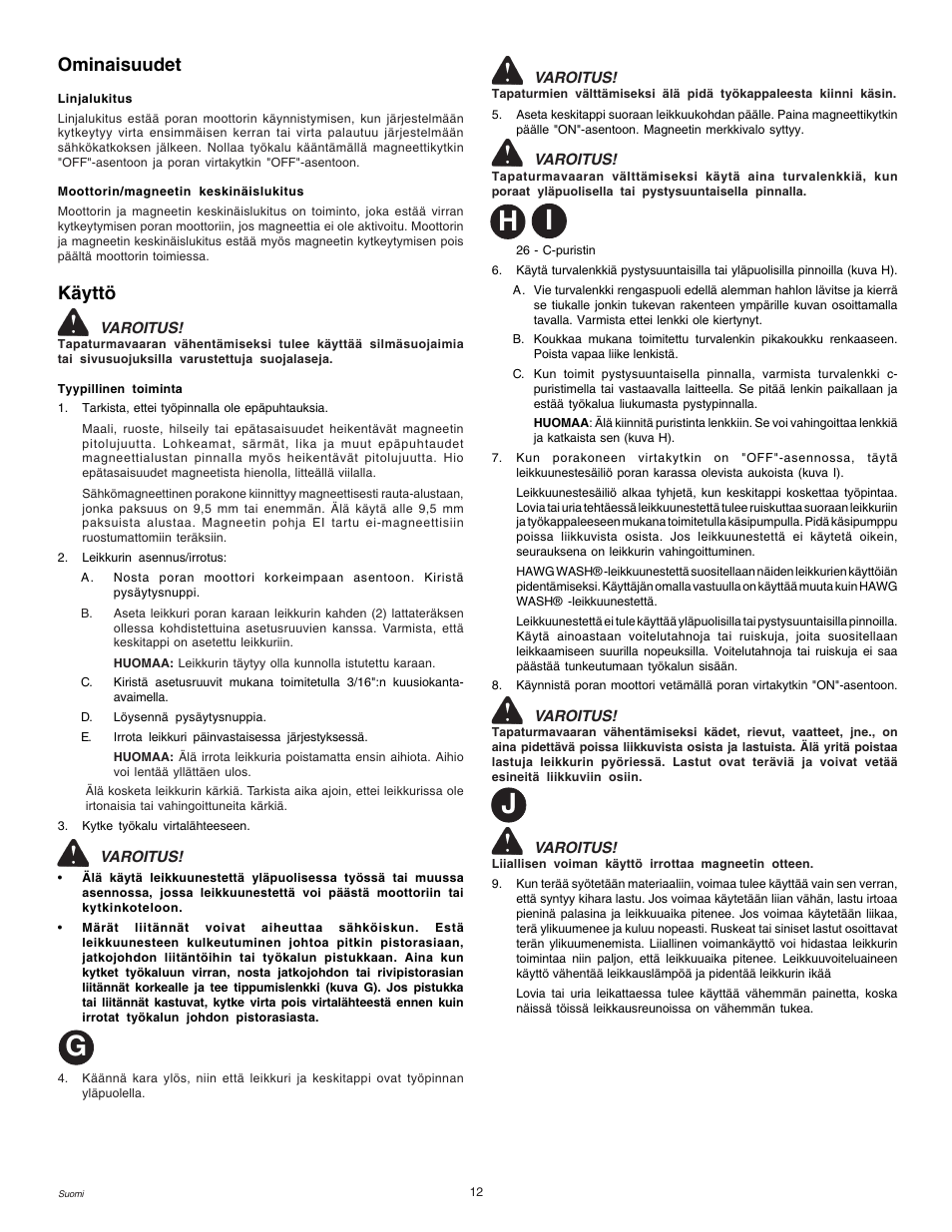 Gh j i, Ominaisuudet, Käyttö | Milwaukee MDE 38 Compact User Manual | Page 14 / 54