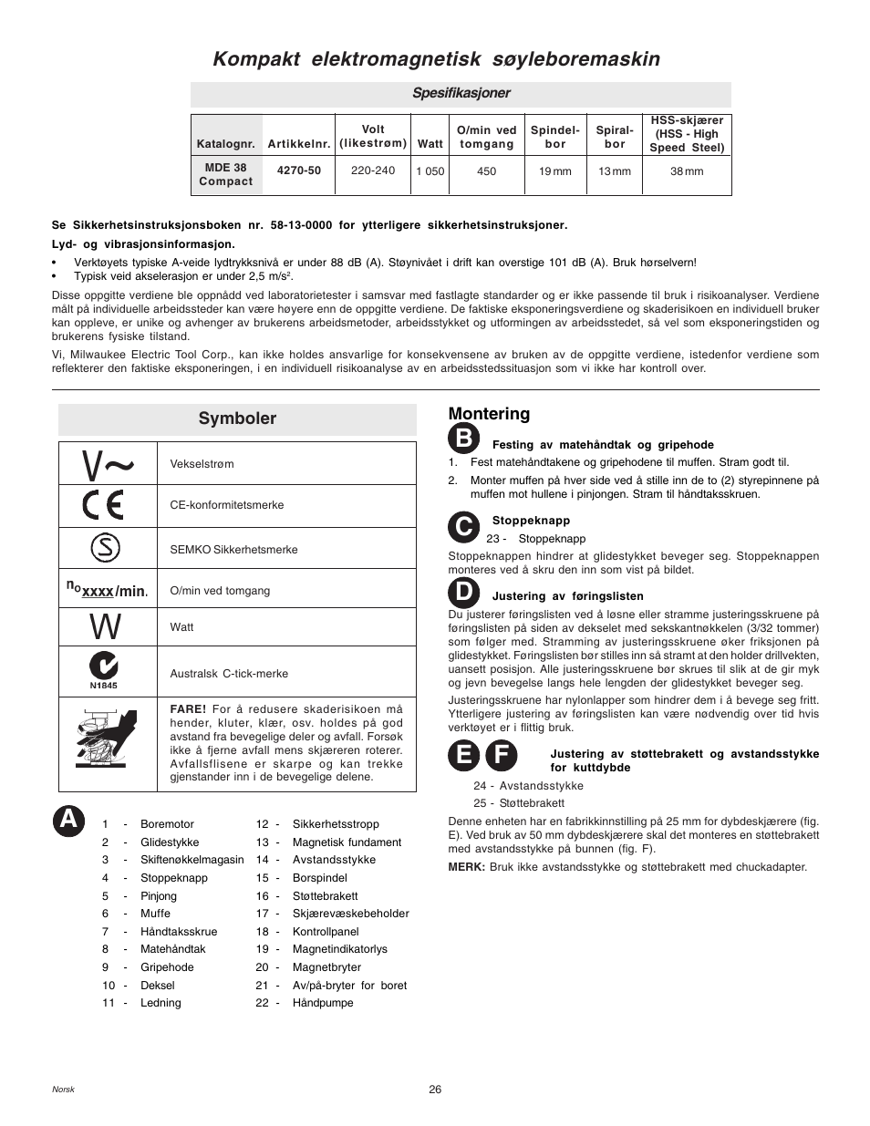 Ab d, Kompakt elektromagnetisk søyleboremaskin, Symboler | Montering | Milwaukee MDE 38 Compact User Manual | Page 28 / 54