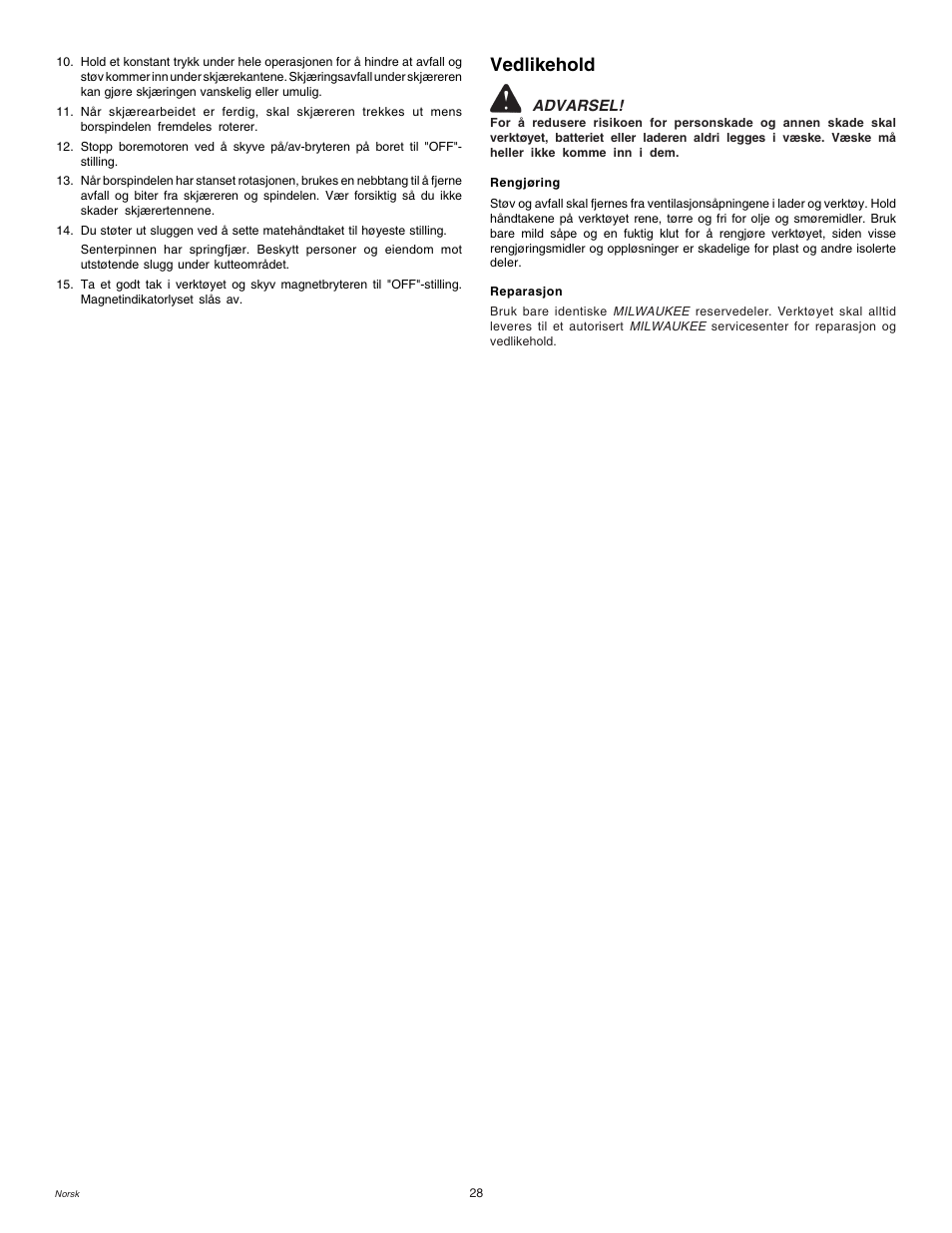Vedlikehold | Milwaukee MDE 38 Compact User Manual | Page 30 / 54