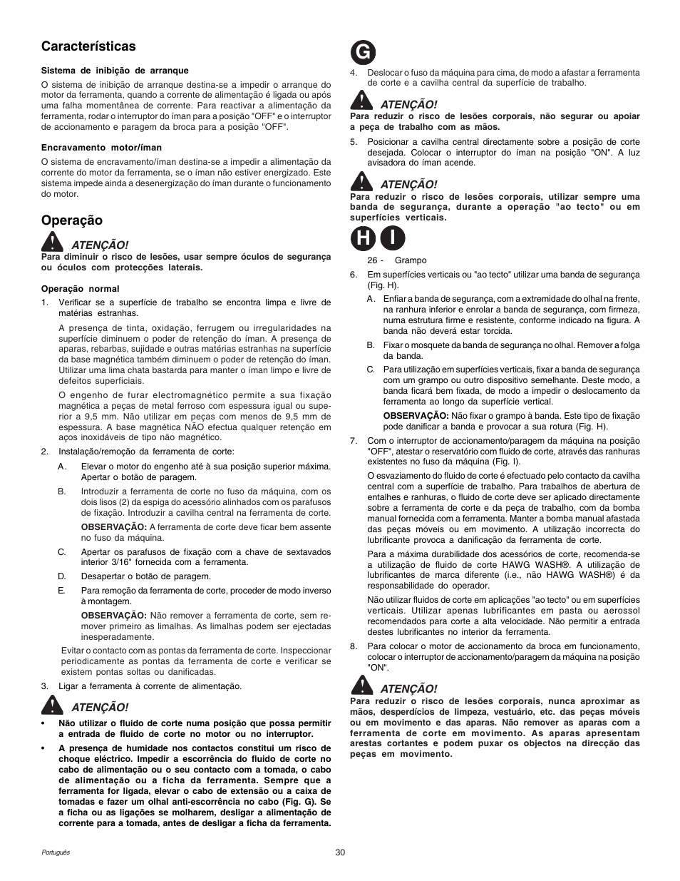 Gh i, Características, Operação | Milwaukee MDE 38 Compact User Manual | Page 32 / 54