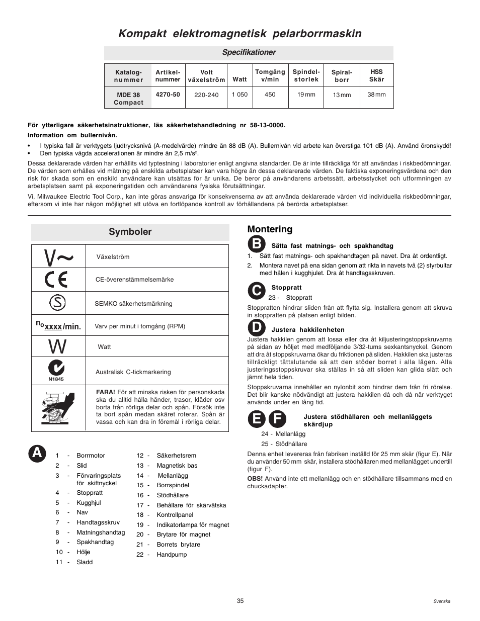 Ab d, Kompakt elektromagnetisk pelarborrmaskin, Symboler | Montering | Milwaukee MDE 38 Compact User Manual | Page 37 / 54