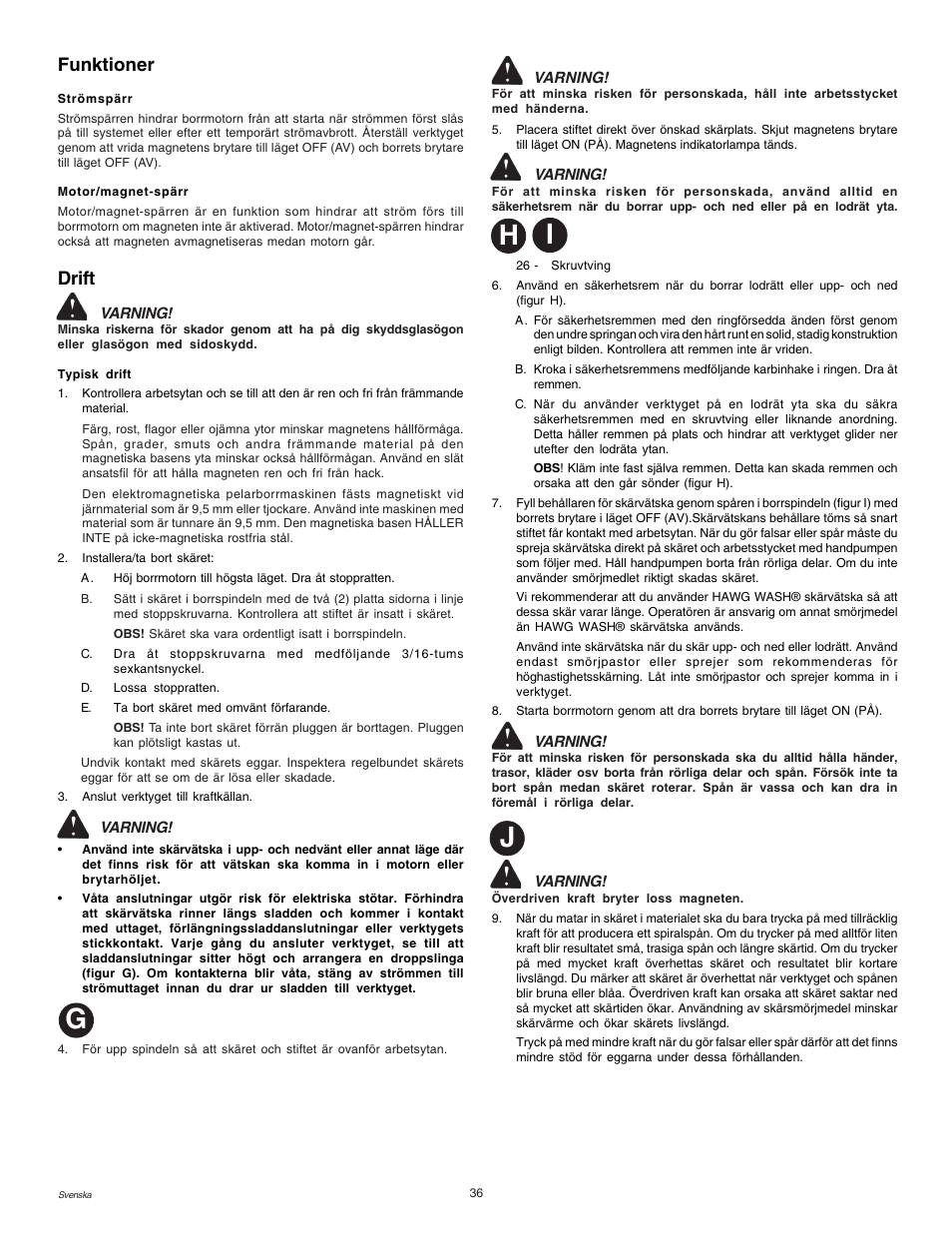 Gh j i, Funktioner, Drift | Milwaukee MDE 38 Compact User Manual | Page 38 / 54