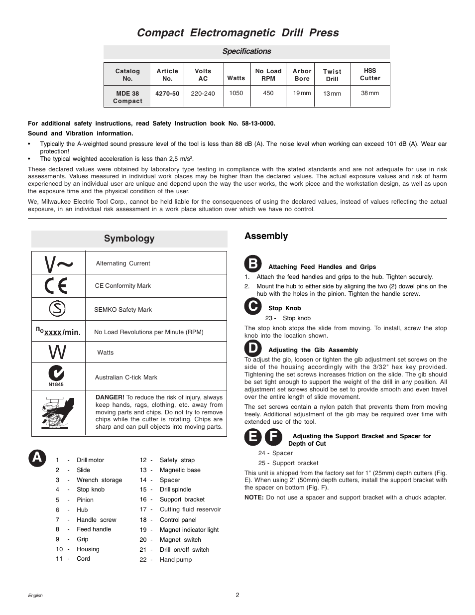 Ab d, Compact electromagnetic drill press, Symbology | Assembly | Milwaukee MDE 38 Compact User Manual | Page 4 / 54