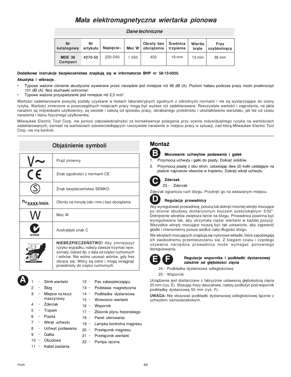 Ab d, Ma³a elektromagnetyczna wiertarka pionowa, Objaœnienie symboli | Monta | Milwaukee MDE 38 Compact User Manual | Page 46 / 54