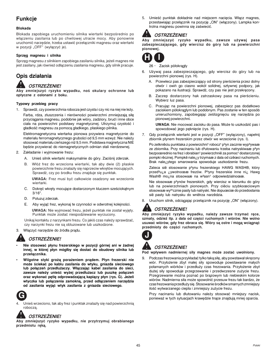 Gh j i, Funkcje, Opis dzia³ania | Milwaukee MDE 38 Compact User Manual | Page 47 / 54