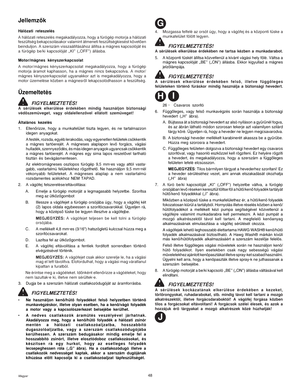 Gh j i, Jellemzõk, Üzemeltetés | Milwaukee MDE 38 Compact User Manual | Page 50 / 54