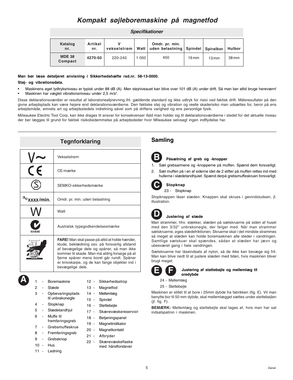 Ab d, Kompakt søjleboremaskine på magnetfod, Tegnforklaring | Samling | Milwaukee MDE 38 Compact User Manual | Page 7 / 54