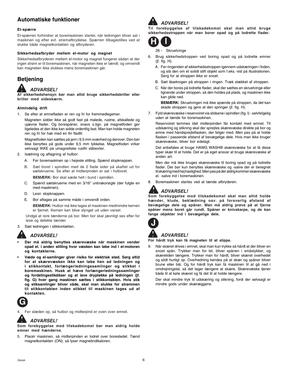 Gh j i, Automatiske funktioner, Betjening | Milwaukee MDE 38 Compact User Manual | Page 8 / 54