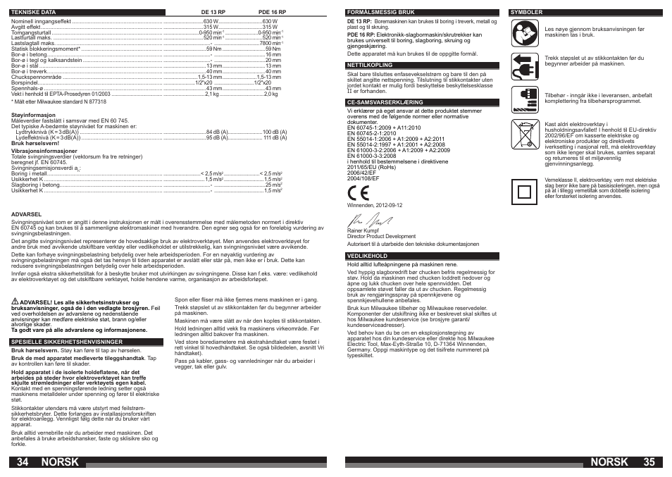 Norsk | Milwaukee PDE 16 RP User Manual | Page 18 / 37