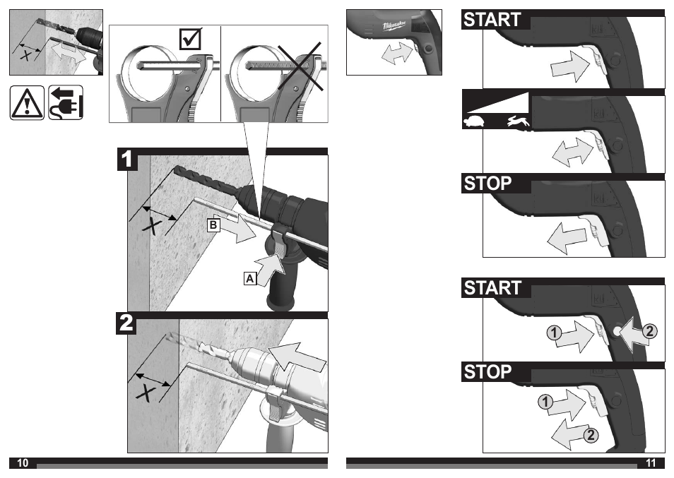 Start, Start stop stop | Milwaukee PDE 16 RP User Manual | Page 6 / 37