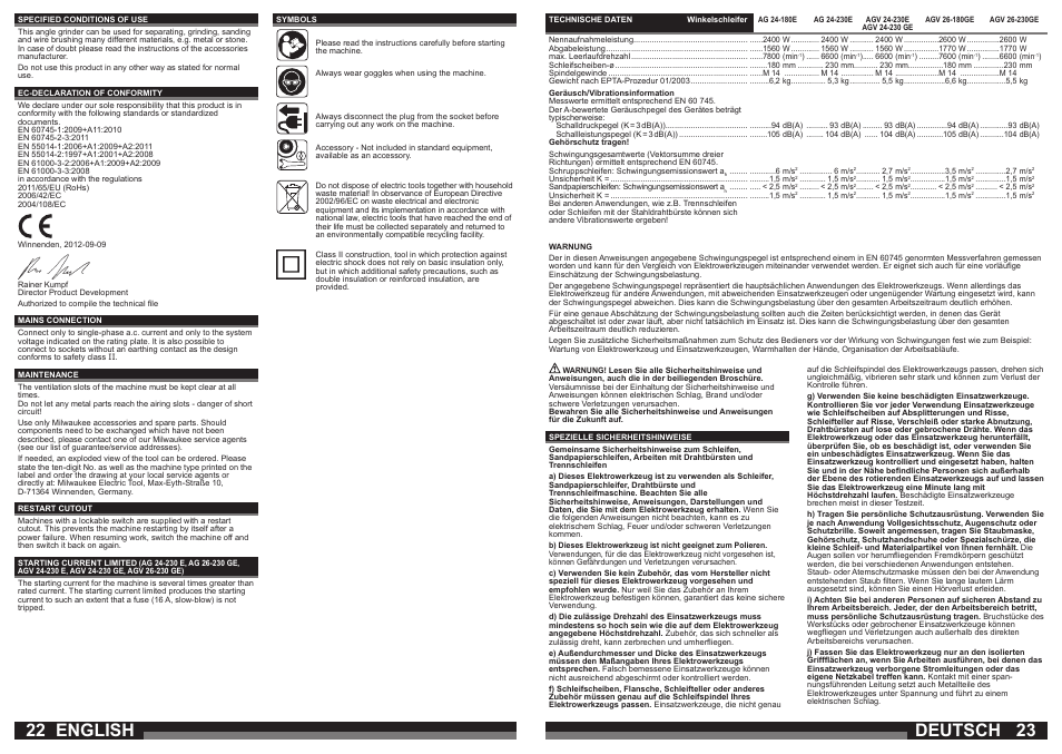 English, Deutsch | Milwaukee AGV 26-230 GE User Manual | Page 12 / 33