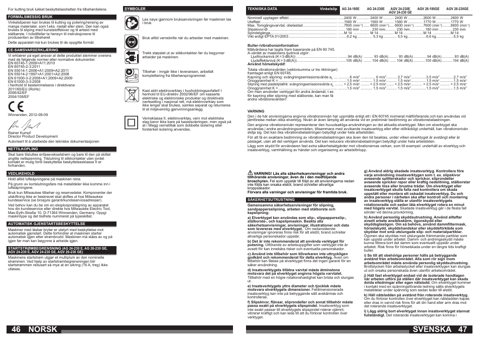 Norsk, Svenska | Milwaukee AGV 26-230 GE User Manual | Page 24 / 33