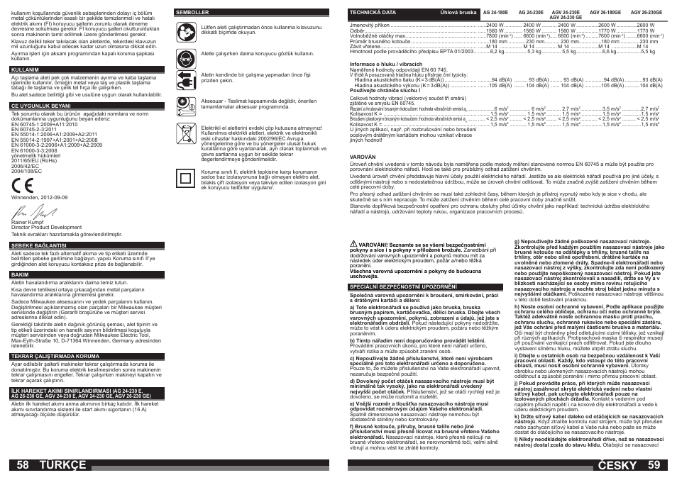 Türkçe, Česky | Milwaukee AGV 26-230 GE User Manual | Page 30 / 33