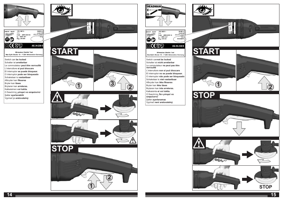 Stop, Start, Stop start | Milwaukee AGV 26-230 GE User Manual | Page 8 / 33