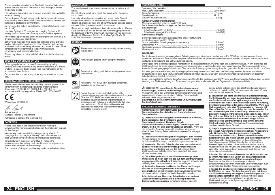 English, Deutsch | Milwaukee V 28 AG User Manual | Page 13 / 53