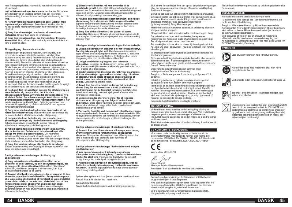 44 45 dansk dansk | Milwaukee V 28 AG User Manual | Page 23 / 53