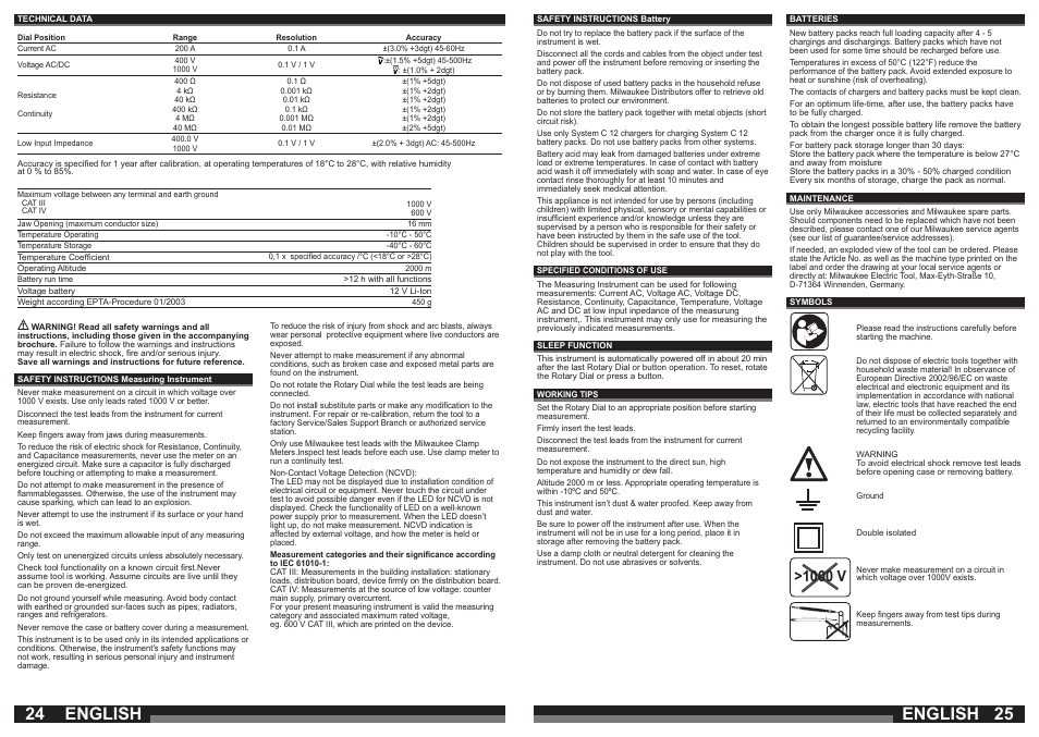 English, 1000 v | Milwaukee C12 FM User Manual | Page 13 / 40