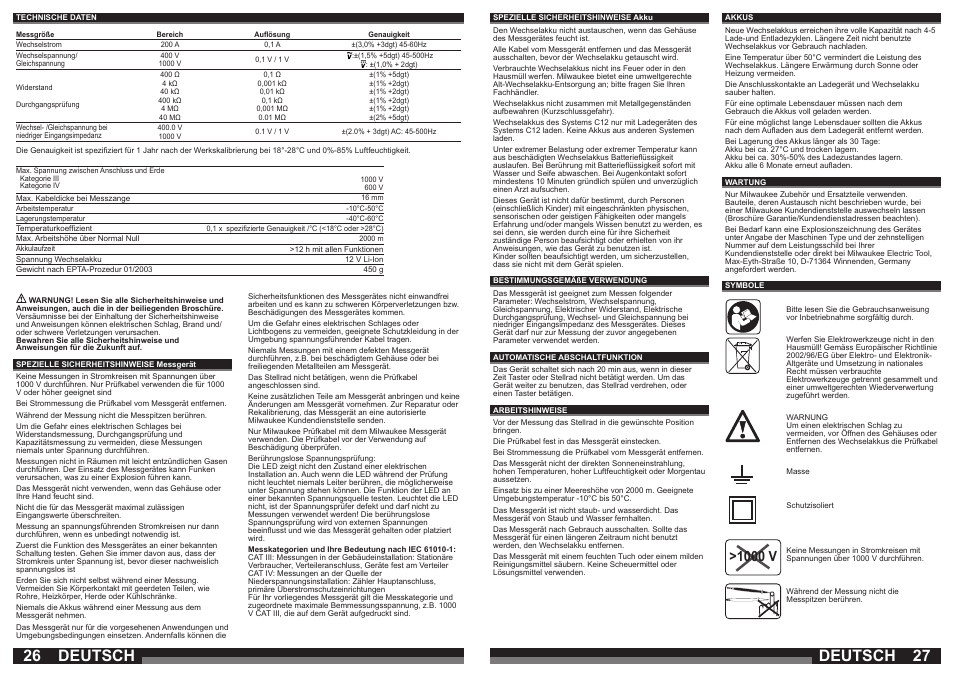 Deutsch, 1000 v | Milwaukee C12 FM User Manual | Page 14 / 40