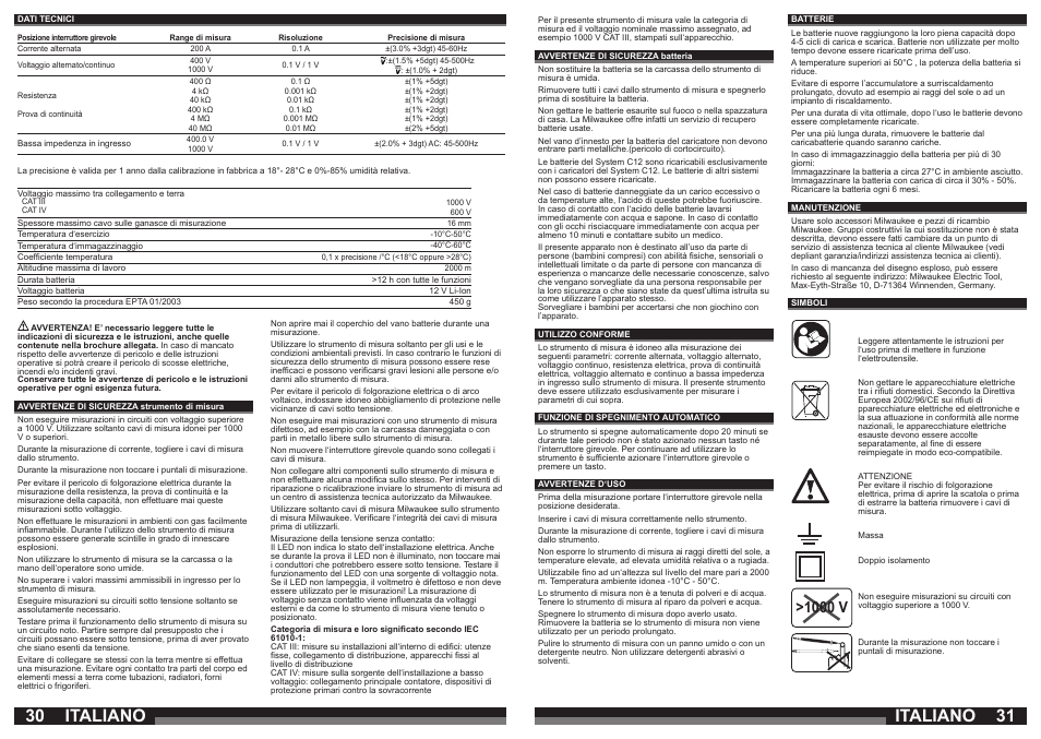 Italiano, 1000 v | Milwaukee C12 FM User Manual | Page 16 / 40