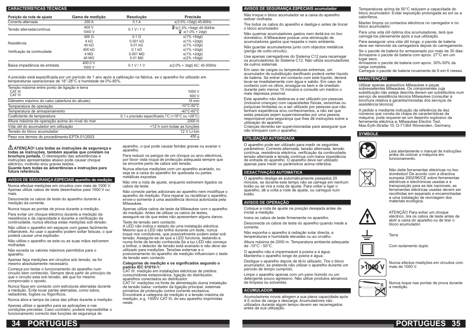 Portugues, 1000 v | Milwaukee C12 FM User Manual | Page 18 / 40