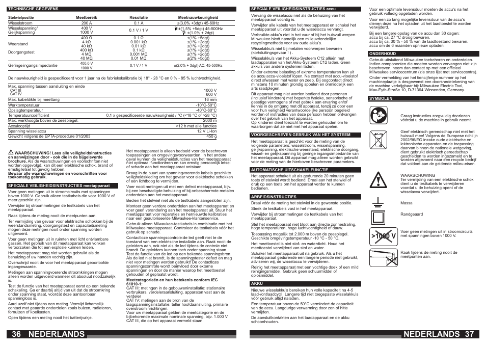 Nederlands, 1000 v | Milwaukee C12 FM User Manual | Page 19 / 40