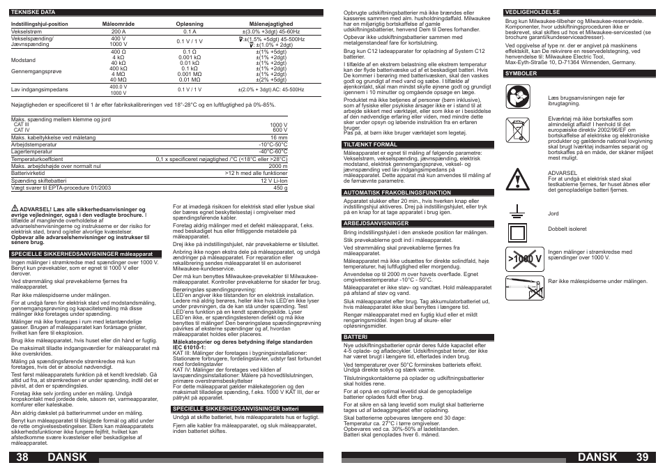 Dansk, 1000 v | Milwaukee C12 FM User Manual | Page 20 / 40