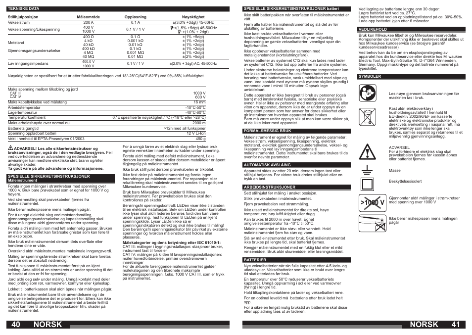 Norsk, 1000 v | Milwaukee C12 FM User Manual | Page 21 / 40