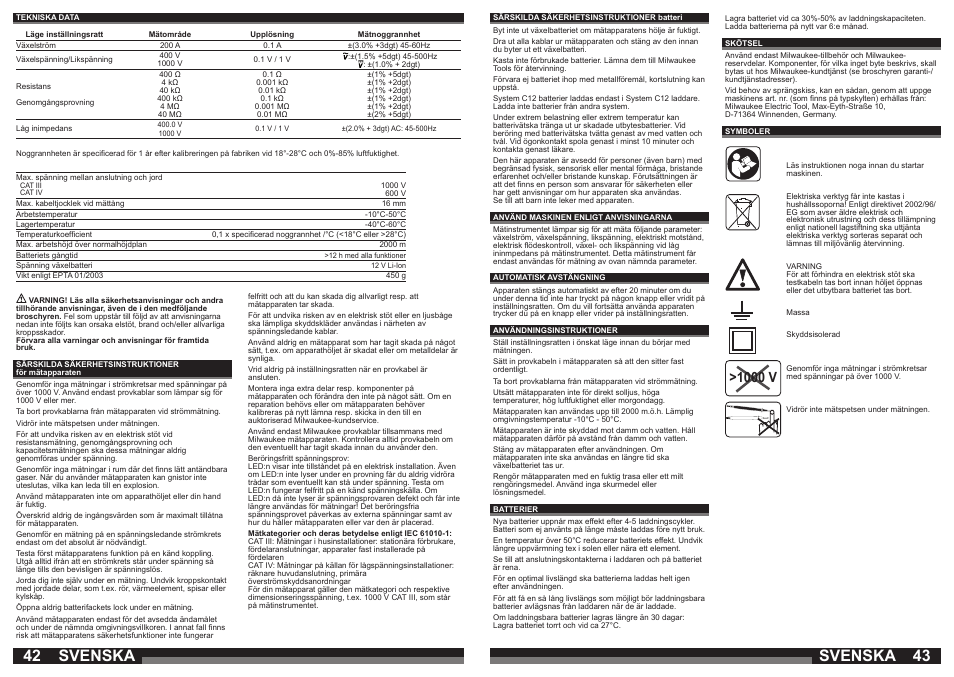 Svenska, 1000 v | Milwaukee C12 FM User Manual | Page 22 / 40