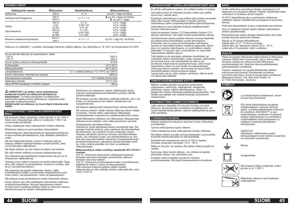 Suomi, 1000 v | Milwaukee C12 FM User Manual | Page 23 / 40