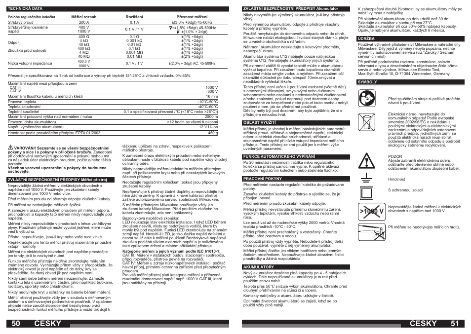 Česky, 1000 v | Milwaukee C12 FM User Manual | Page 26 / 40