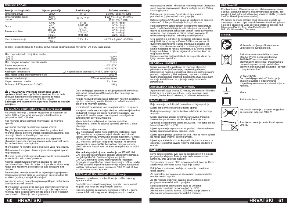 Hrvatski, 1000 v | Milwaukee C12 FM User Manual | Page 31 / 40
