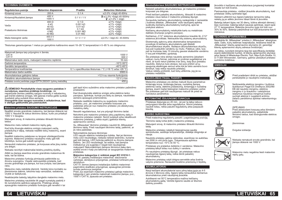 Lietuviškai, 1000 v | Milwaukee C12 FM User Manual | Page 33 / 40