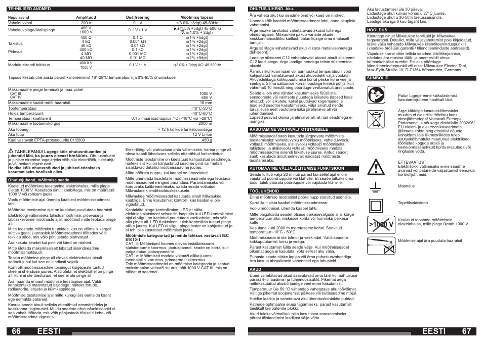 Eesti, 1000 v | Milwaukee C12 FM User Manual | Page 34 / 40