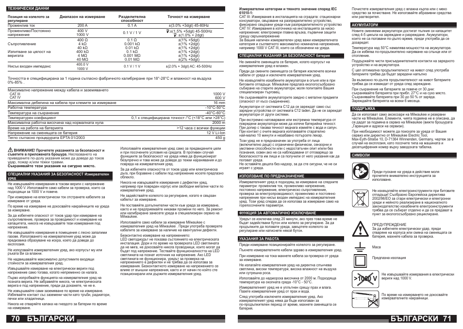 Български, 1000 v | Milwaukee C12 FM User Manual | Page 36 / 40