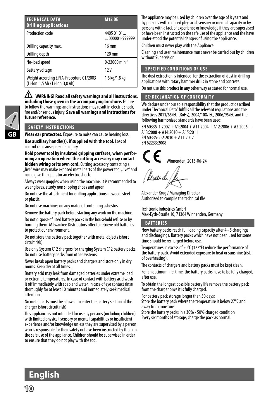English | Milwaukee M12 D E User Manual | Page 16 / 72