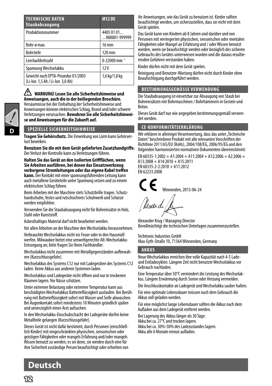 Deutsch | Milwaukee M12 D E User Manual | Page 18 / 72