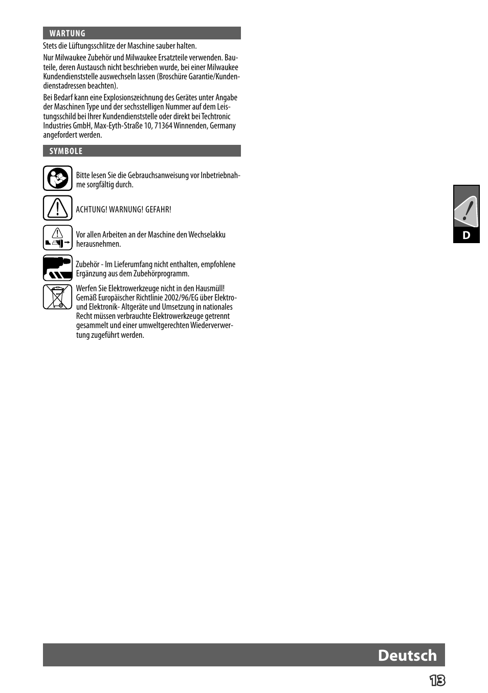 Deutsch | Milwaukee M12 D E User Manual | Page 19 / 72