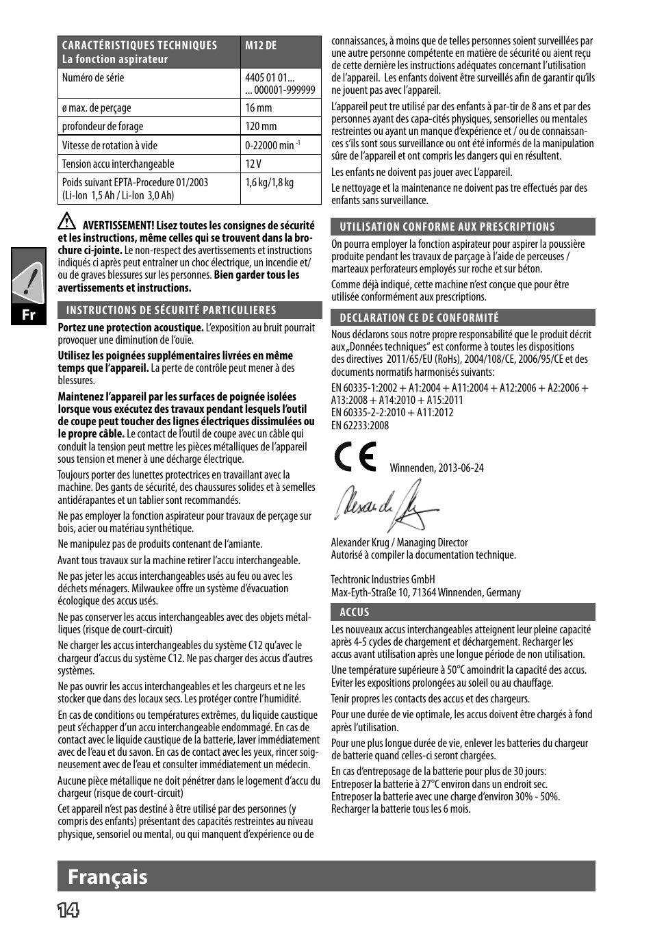 Français | Milwaukee M12 D E User Manual | Page 20 / 72