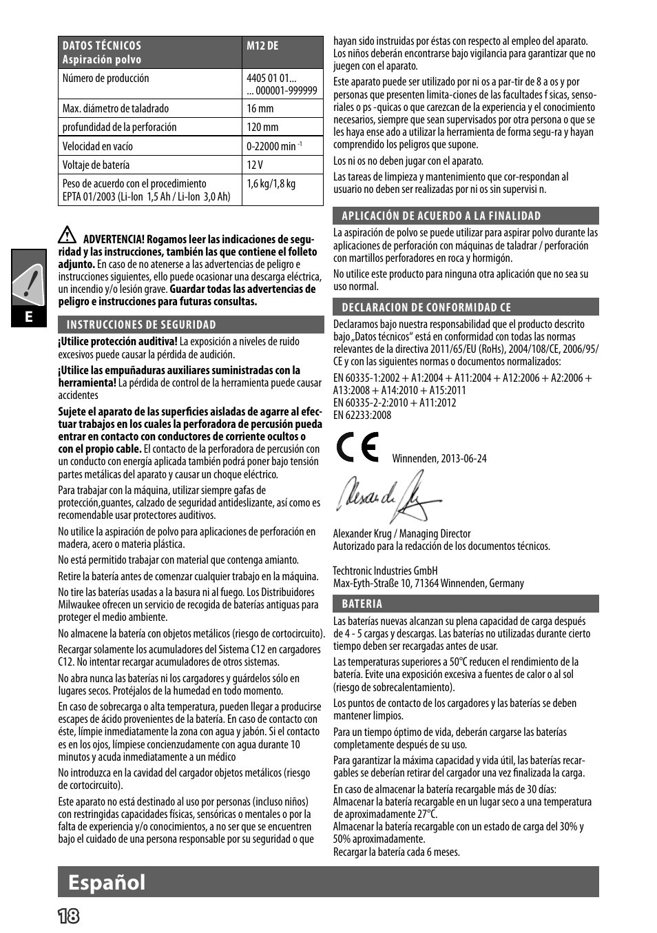 Español | Milwaukee M12 D E User Manual | Page 24 / 72