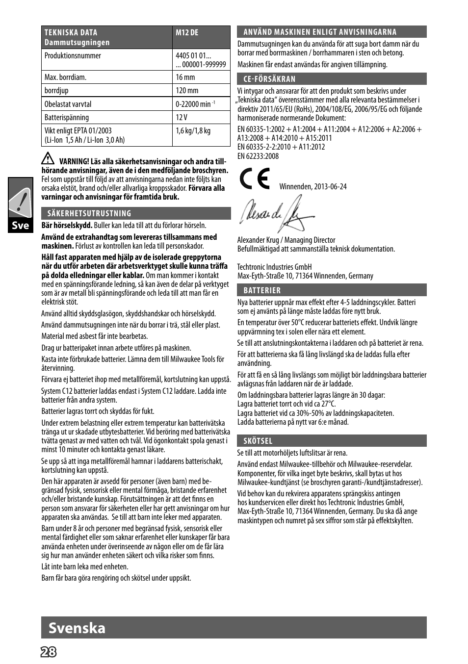 Svenska | Milwaukee M12 D E User Manual | Page 34 / 72